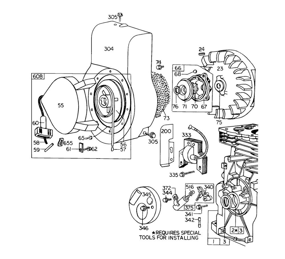 Rewind Starter Assembly Diagram and Parts List for 58231 4001270 - 4999999 Toro Tiller