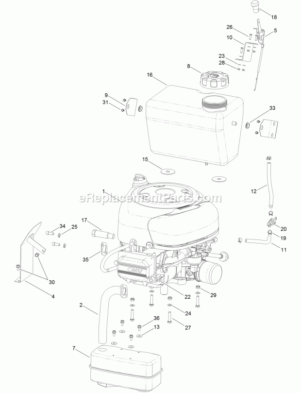 Engine And Muffler Assembly Diagram and Parts List for 74585 317000001-999999999 Toro Lawn Mower