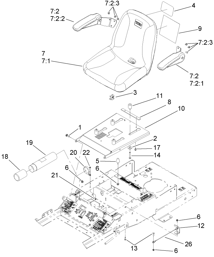 Seat Assembly Diagram and Parts List for 74409TE (280000001-280999999)(2008) Toro Lawn Mower