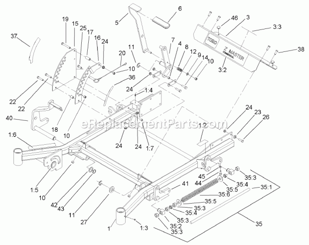 Front Frame Assembly Diagram and Parts List for 74250 240000001-240999999 Toro Lawn Mower