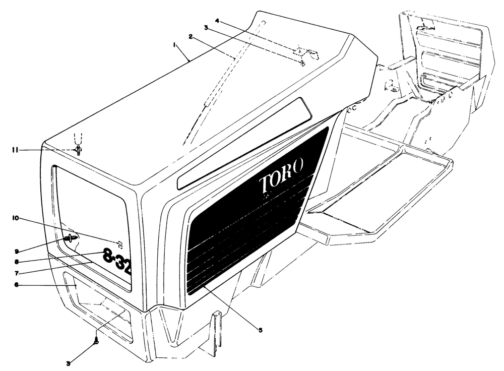 Hood Assembly Model 57300 Diagram and Parts List for 57300 4000001 - 4999999 Toro Lawn Tractor