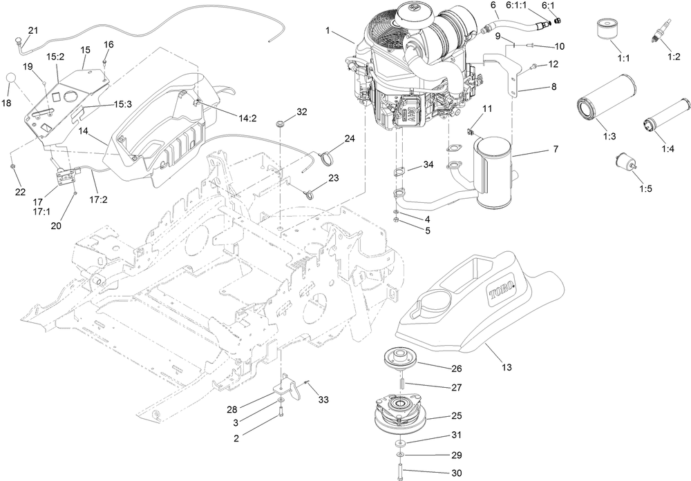 Engine, Muffler And Control Panel Assembly Diagram and Parts List for 74145 (316000001-316999999)(2016) Toro Lawn Mower