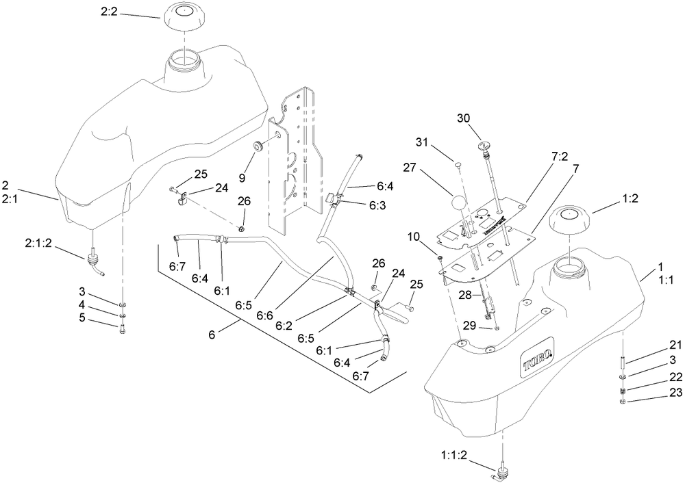 Fuel System Assembly Diagram and Parts List for 74410 (280000001-280999999)(2008) Toro Lawn Mower