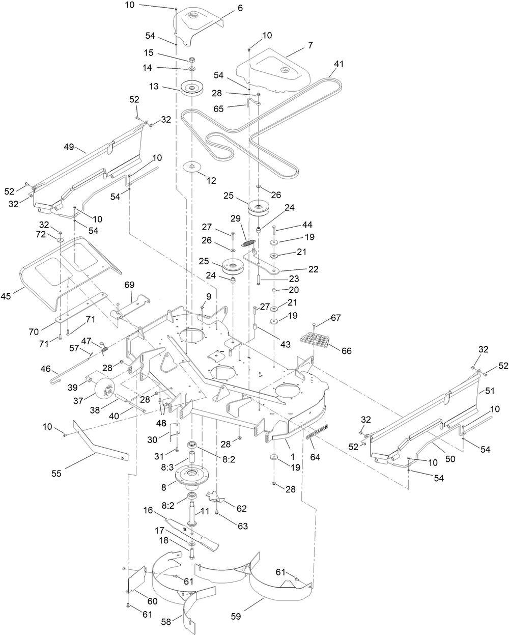 48in Deck Assembly Diagram and Parts List for 74890 400000000 - 412151772 Toro Lawn Tractor