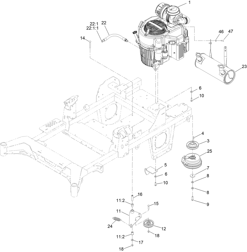 Engine, Clutch And Muffler Assembly Diagram and Parts List for 74057 400000000 - 416414583 Toro Lawn Tractor