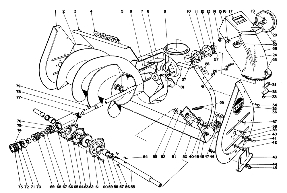 Auger Assembly Diagram and Parts List for 31626 1000001 - 1999999 Toro Snow Blower