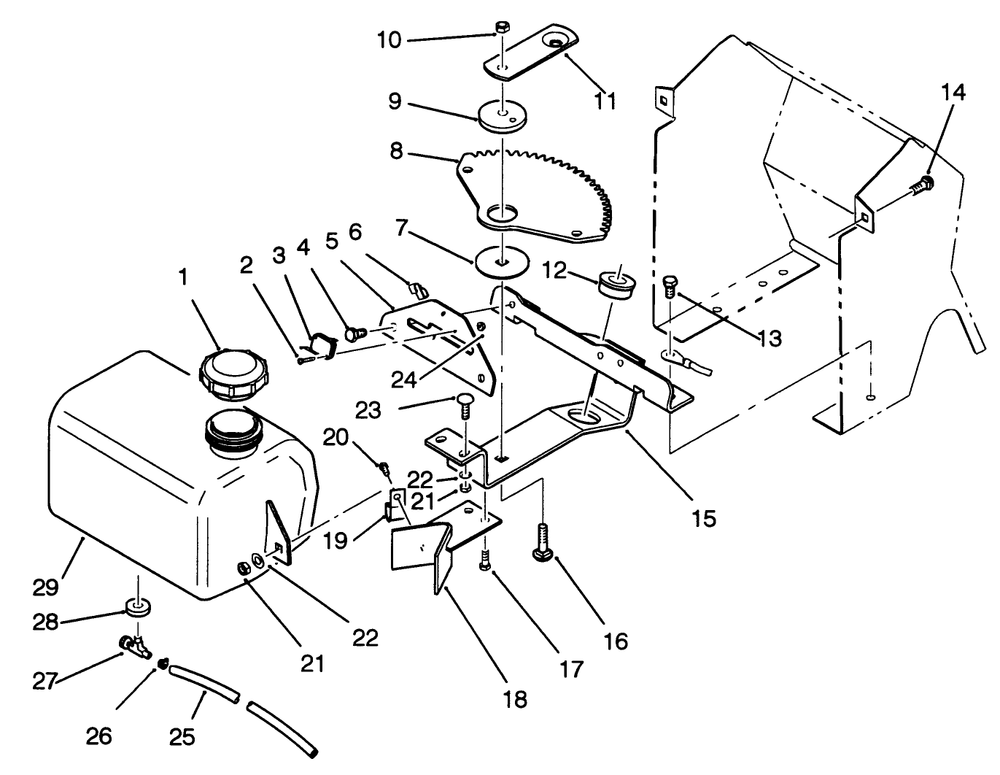 Fuel Tank And Steering Bracket Assembly Diagram and Parts List for 22-14O502 2000001 - 2999999 Toro Lawn Tractor