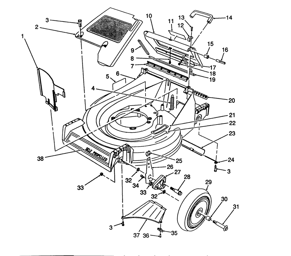 Housing Assembly Diagram and Parts List for 26624 0000001 - 0001101 Toro Lawn Mower