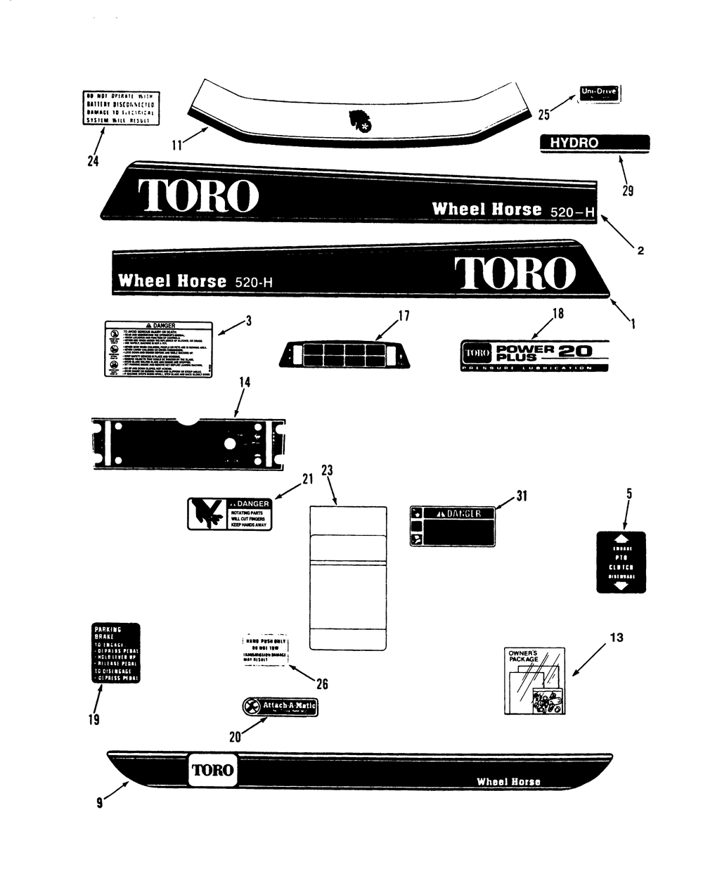 Decals Diagram and Parts List for 73520 39000001 - 39999999 Toro Lawn Tractor