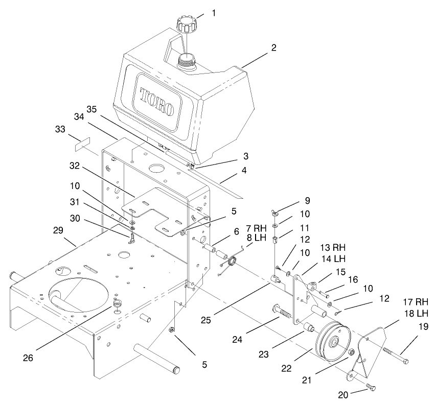 Fuel Tank And Idler Bracket Assembly Diagram and Parts List for 30159 991180 - 999999 Toro Lawn Tractor Accessories