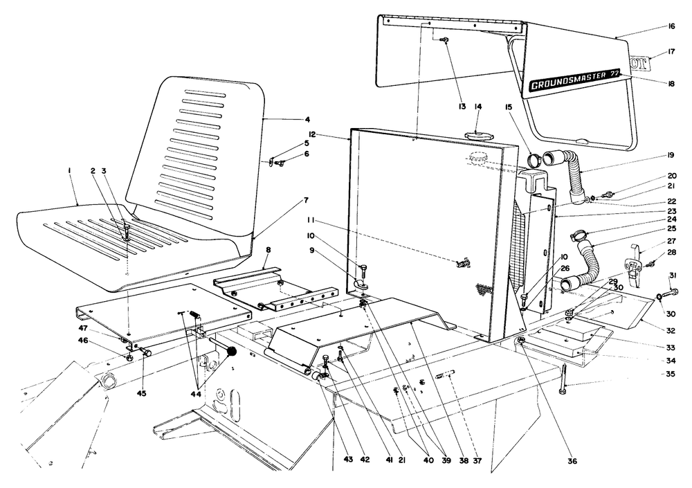 Seat, Radiator And Hood Assembly Diagram and Parts List for 30773 40001 - 40499 Toro Lawn Tractor Accessories