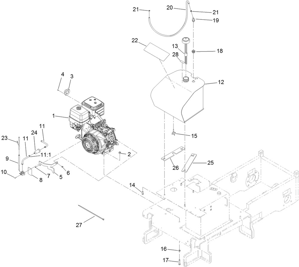 Engine And Fuel Tank Assembly Diagram and Parts List for 68038G 402350000 - 404319999 Toro Lawn Tractor Accessories