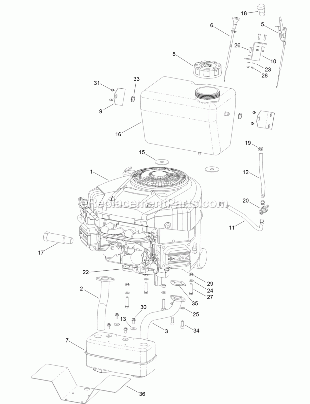 Engine And Muffler Assembly Diagram and Parts List for 74596 317000001-999999999 Toro Lawn Mower