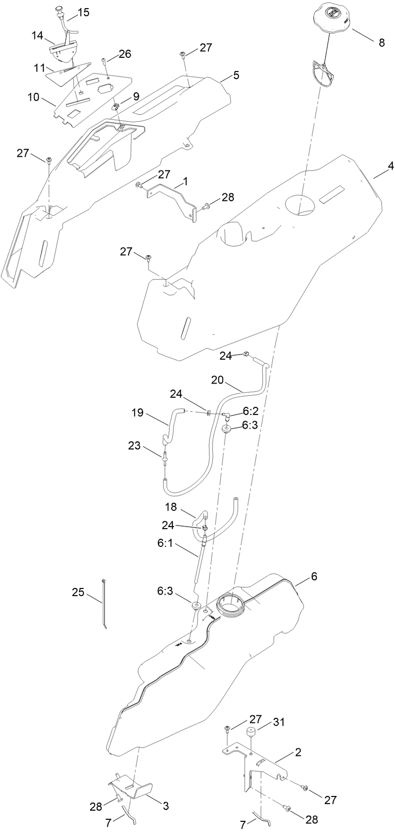 Body Styling And Fuel Pod Assembly Diagram and Parts List for 75746TA 400000000 - 410039999 Toro Lawn Tractor