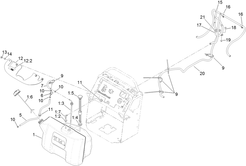 Fuel Tank Assembly Diagram and Parts List for 74568TE (312000001-312999999)(2012) Toro Lawn Mower
