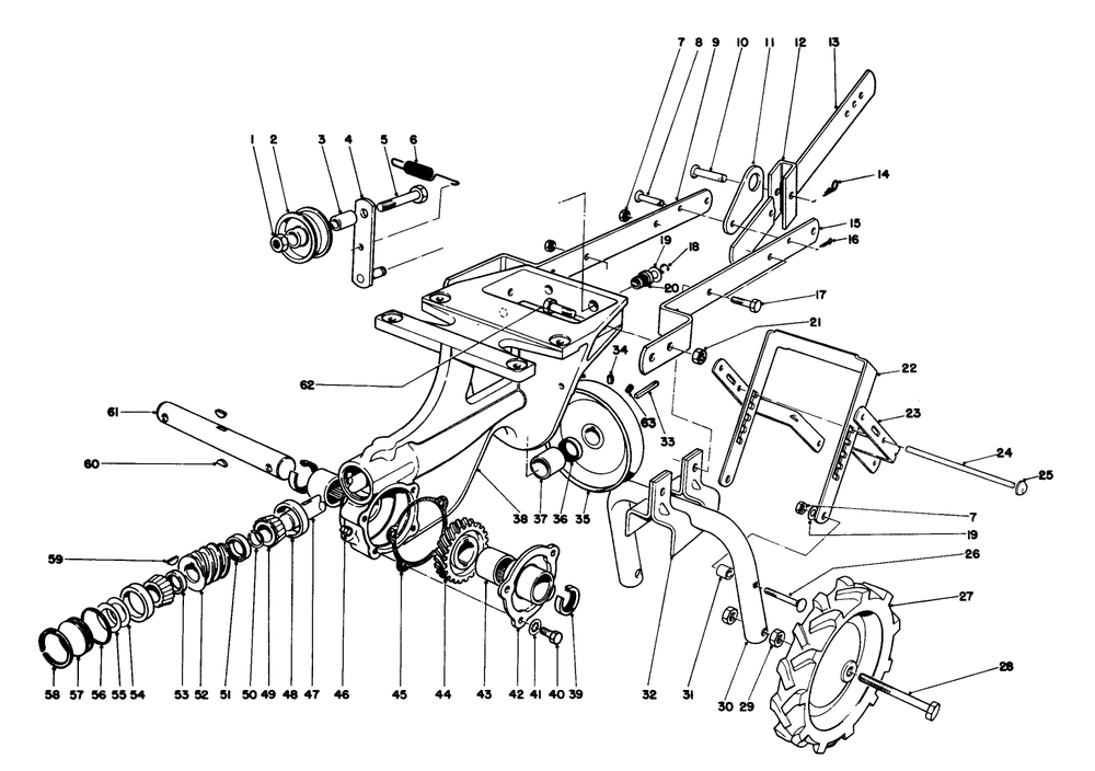 Chassis Assembly Diagram and Parts List for 58007 0000001 - 0999999 Toro Tiller
