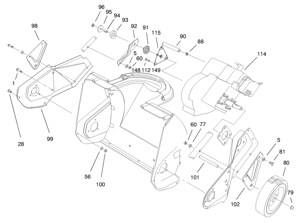 Engine & Wheel Assembly Diagram and Parts List for 38171 7900001 - 7999999 Toro Snow Blower