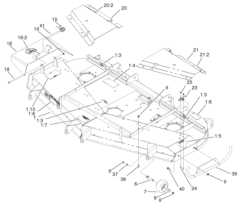 Deck, Deflector And Roller Assembly Diagram and Parts List for 74214 (210000001-210999999)(2001) Toro Lawn Mower