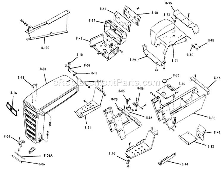 B-100 Parts Manual 8.000 Sheet Metal And Covers (fig. 8) Diagram and Parts List for 1-0141 1975 Toro Lawn Tractor