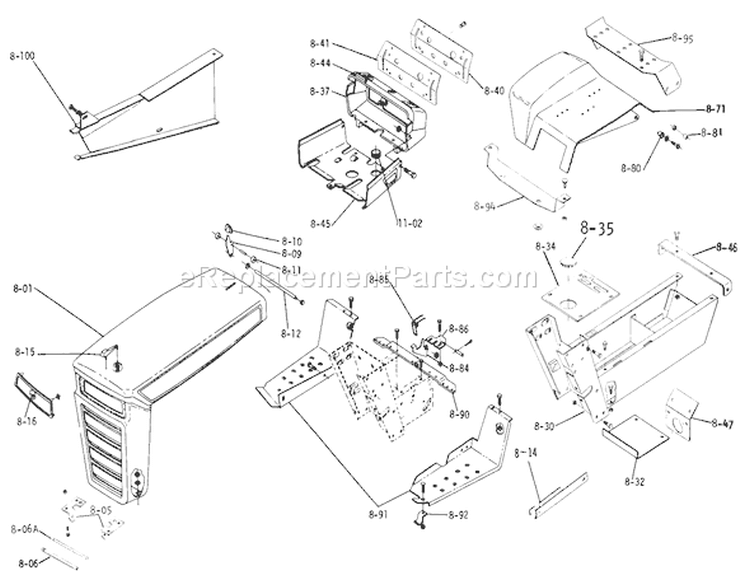 8.000 Sheet Metal And Covers (plate 8.1) Diagram and Parts List for 1-0140 1974 Toro Lawn Tractor