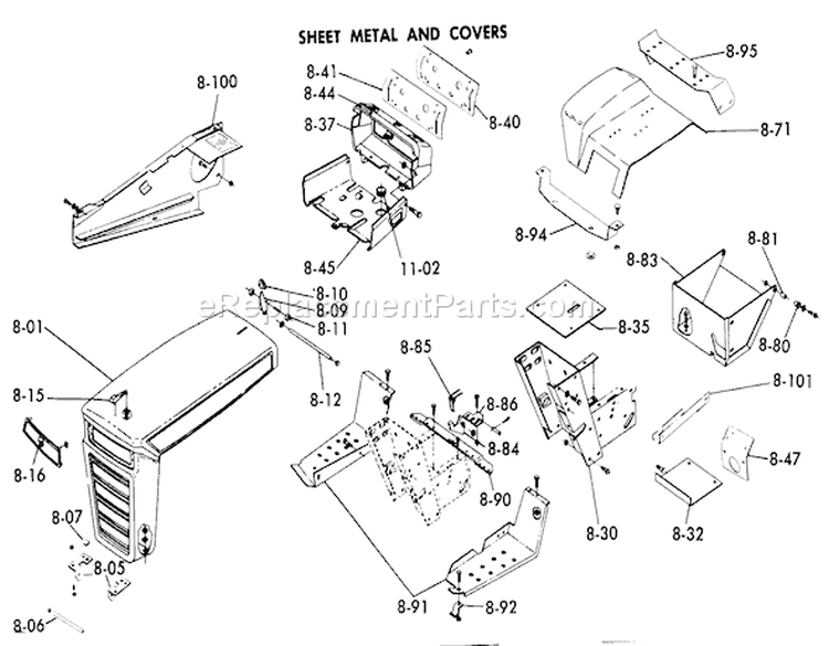Sheet Metal And Covers Diagram and Parts List for 1-0491 1975 Toro Lawn Tractor