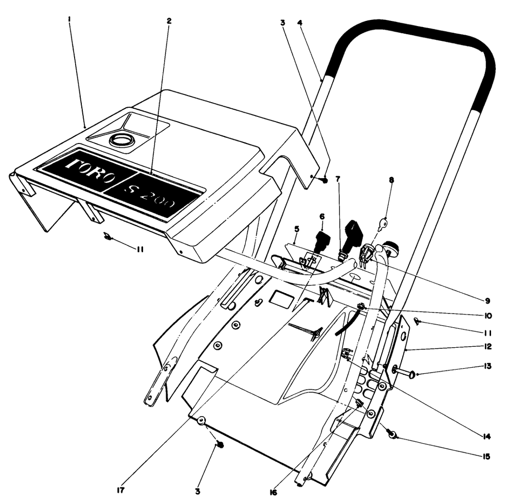 Shroud & Handle Assembly Diagram and Parts List for 38232 3000001 - 3999999 Toro Snow Blower