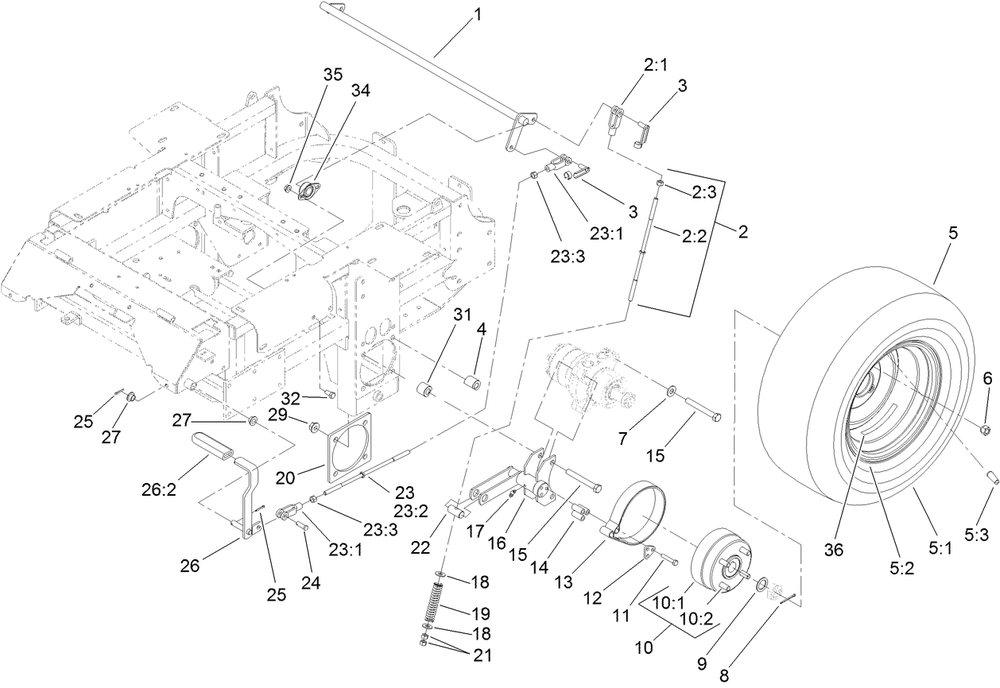 Main Frame And Rear Wheel Assembly Diagram and Parts List for 74265TE (312000001-312999999)(2012) Toro Lawn Mower