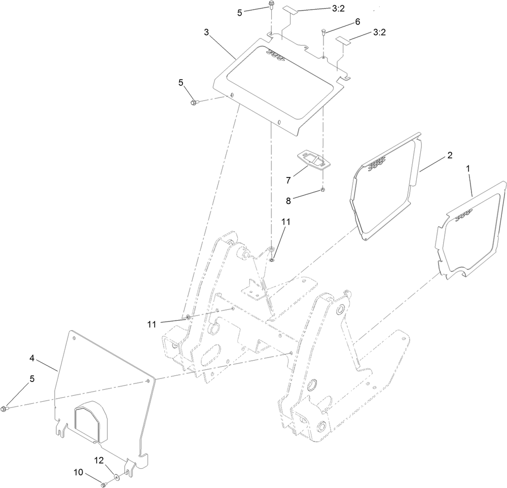 Front Cover And Side Panel Assembly Diagram and Parts List for 22328 408963400 - 409588175 Toro Lawn Tractor Accessories
