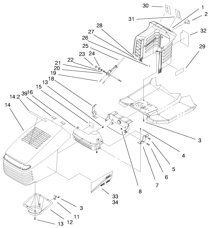 Hood & Tower Assembly Diagram and Parts List for 71199 9900001 - 9999999 Toro Lawn Tractor