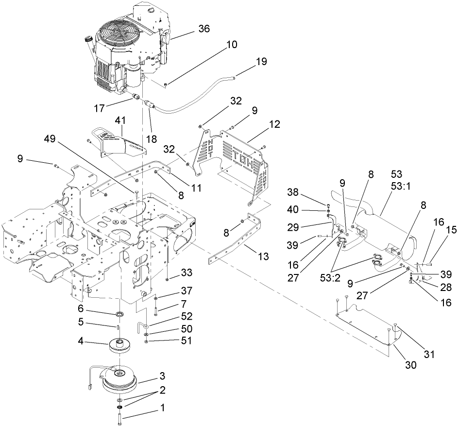Engine, Clutch And Muffler Assembly Diagram and Parts List for 74413 (270000001-270999999)(2007) Toro Lawn Mower