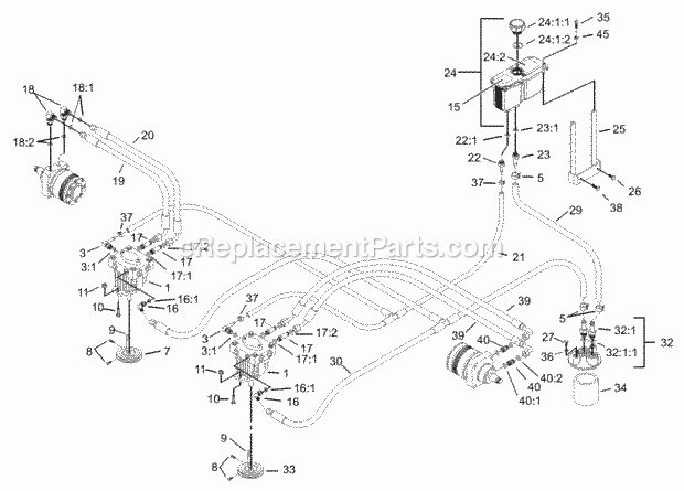 Hydraulic System Assembly Diagram and Parts List for 74179 230006001-230007000 Toro Lawn Mower