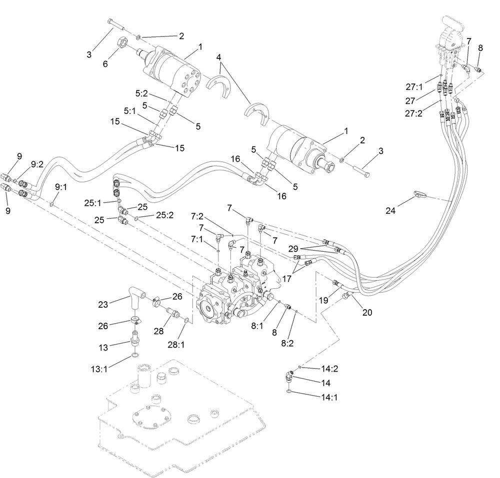 Hydraulic Motor And Hose Assembly Diagram and Parts List for 22328HD 402000000 - 403099999 Toro Lawn Tractor Accessories