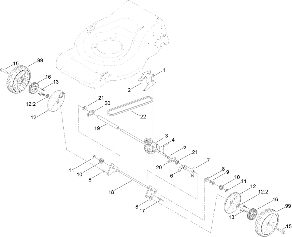 Transmission And Rear Wheel Drive Assembly Diagram and Parts List for 20952 316000001 - 316999999 Toro Lawn Mower