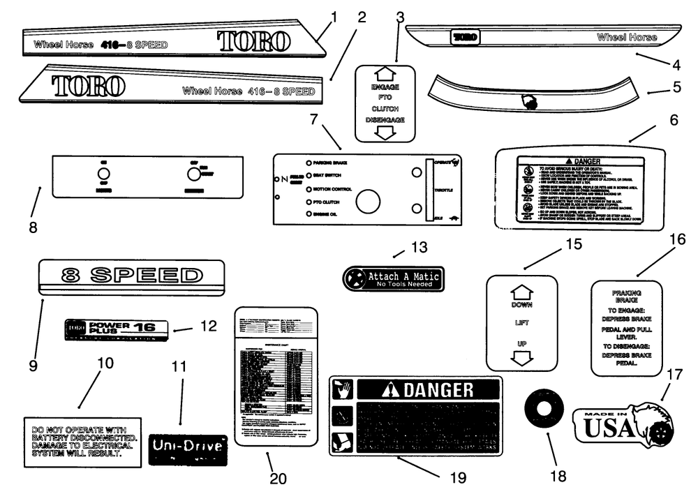 Decals Diagram and Parts List for 73420 3900001 - 3999999 Toro Lawn Tractor