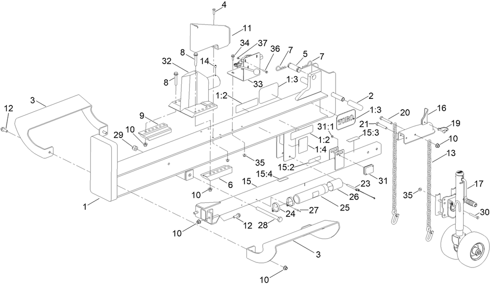 Frame And Jack Assembly Diagram and Parts List for 22618 404320000-407599999 Toro Log Splitter