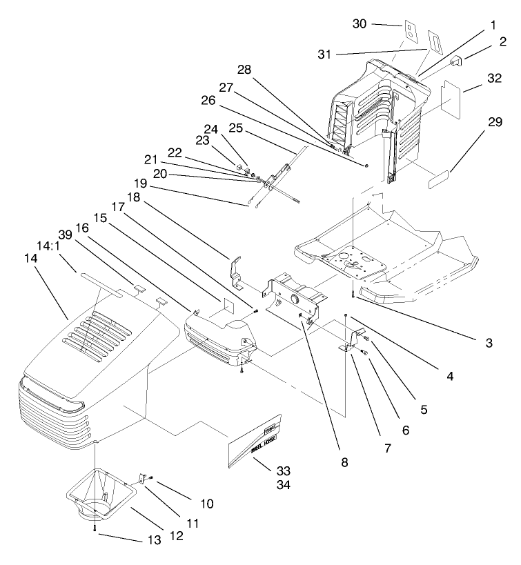Hood Assembly Diagram and Parts List for 71189 8900001 - 8999999 Toro Lawn Tractor