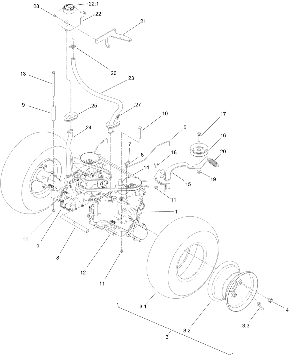 Transmission Assembly Diagram and Parts List for 44410TE 406500000-406610836 Toro Lawn Mower