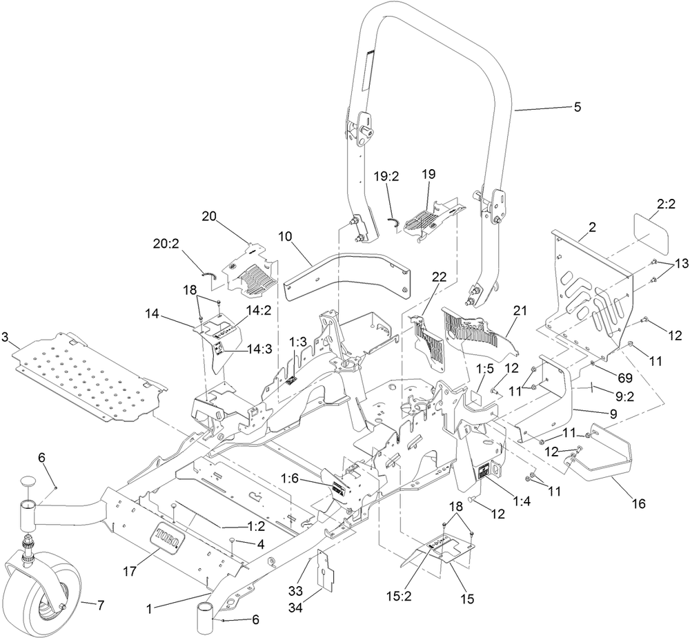 Frame And Caster Wheel Assembly Diagram and Parts List for 74901 (312000001-312999999)(2012) Toro Lawn Mower