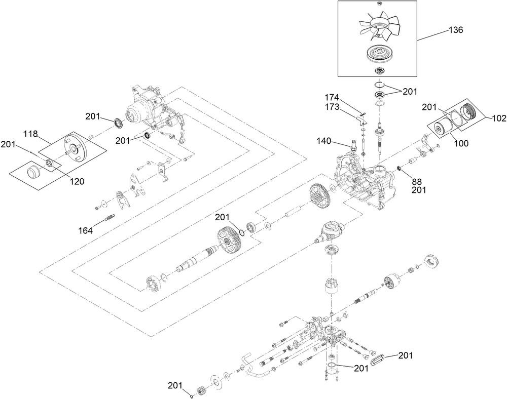 Rh Transaxle Assembly Diagram and Parts List for 74048TE 410170000-411435567 Toro Lawn Tractor