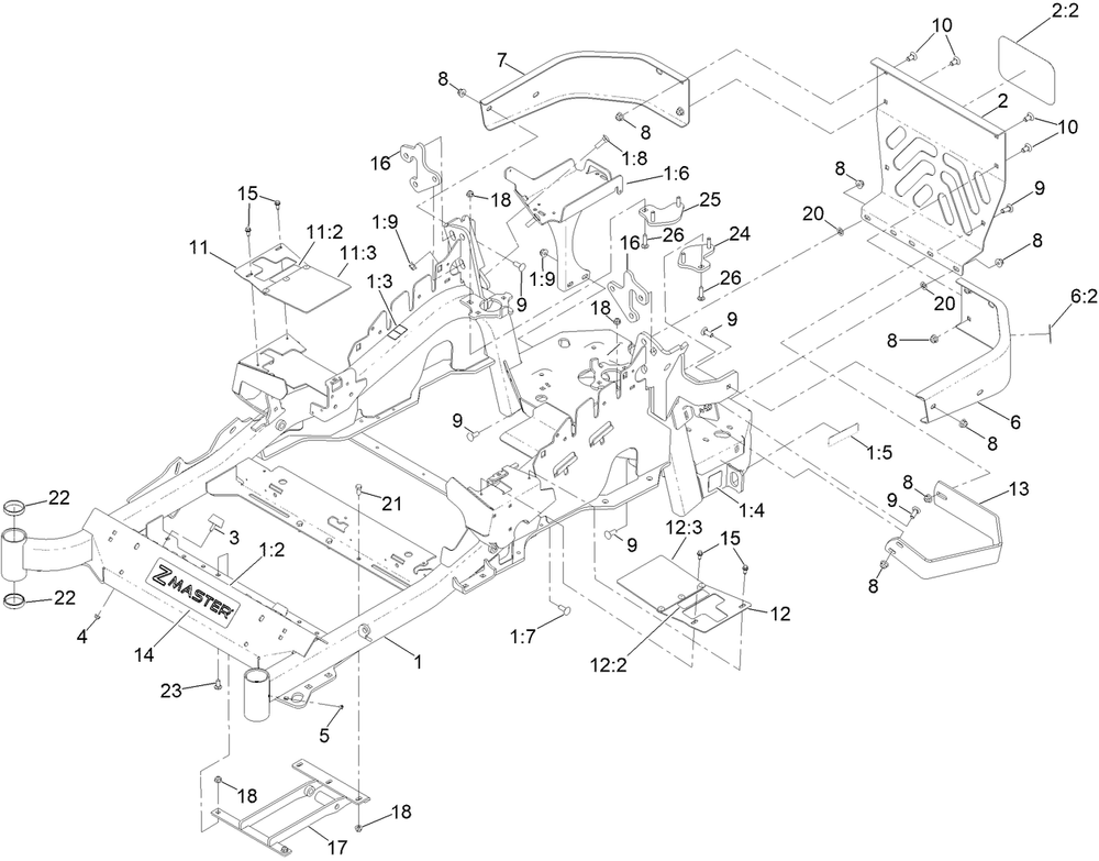 Main Frame Assembly Diagram and Parts List for 72955 414121590 - 999999999 Toro Lawn Tractor