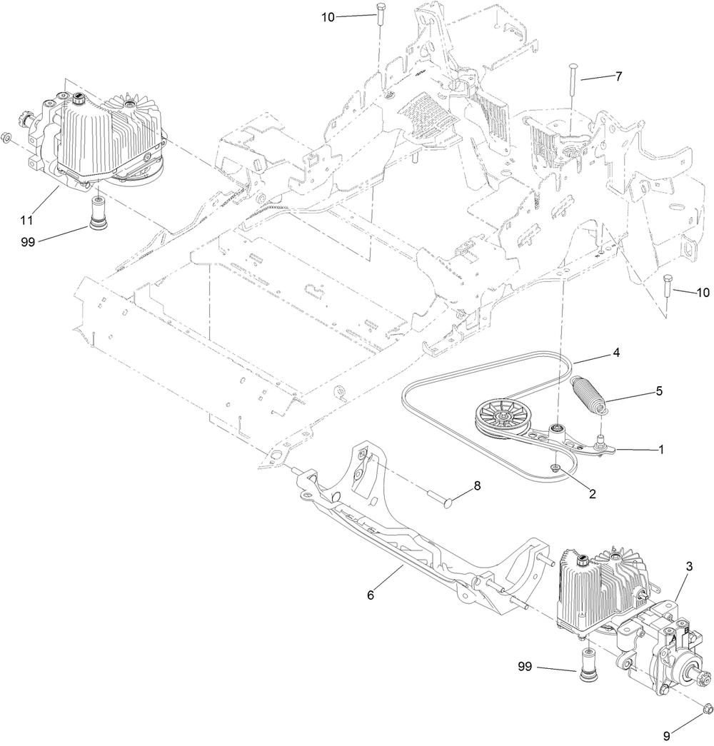 Hydraulic Pump, Idler And Belt Assembly Diagram and Parts List for 74952 402100000-403319824 Toro Lawn Mower