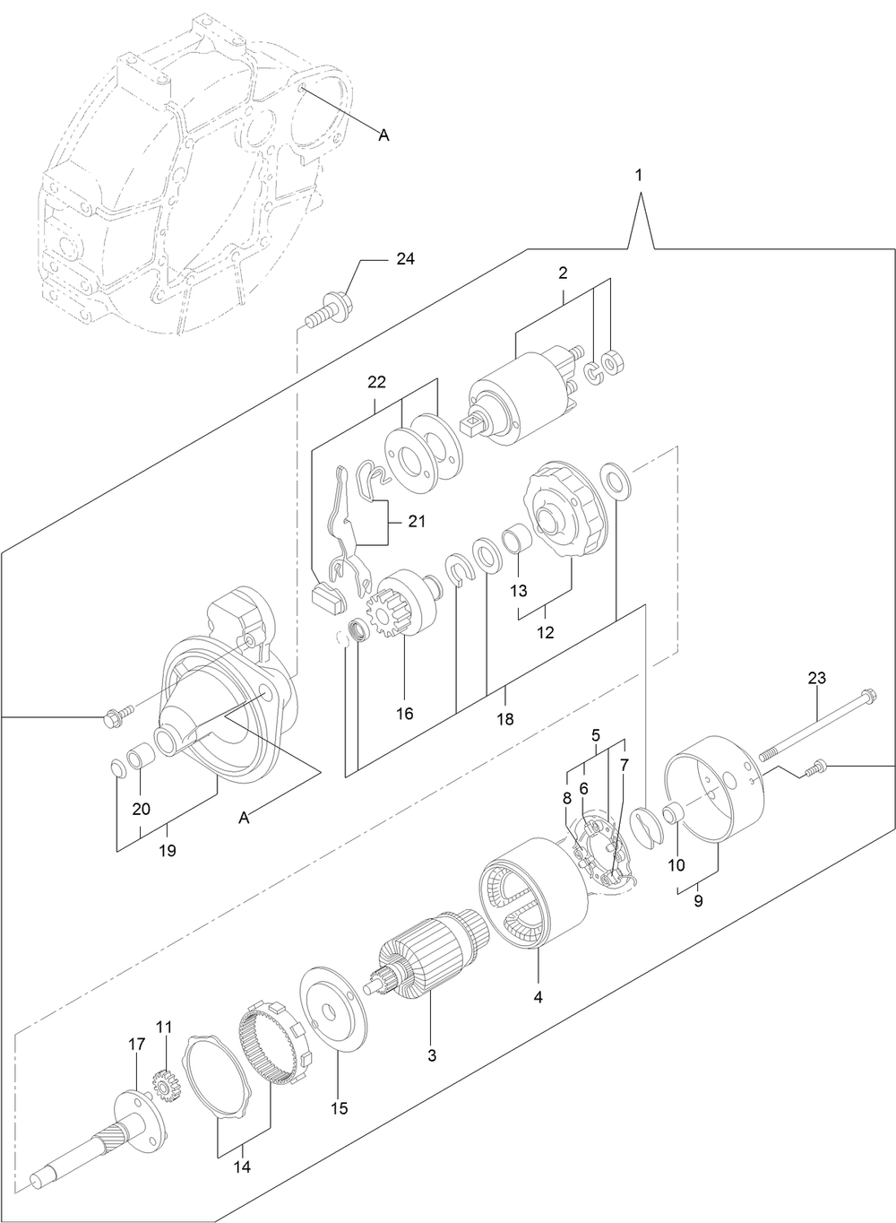 Starting Motor Assembly Diagram and Parts List for 72144 413000000 - 999999999 Toro Lawn Tractor