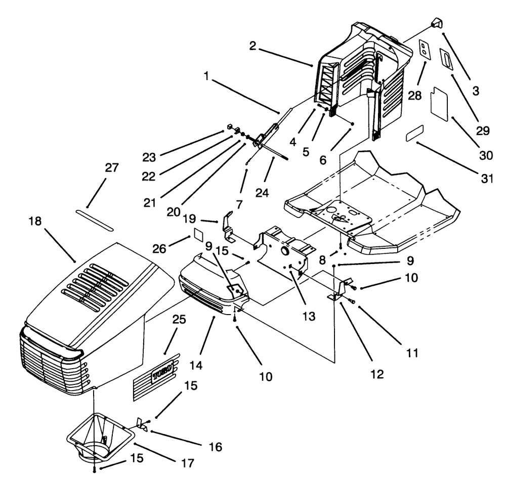 Hood Assembly Diagram and Parts List for 71184 5900001 - 5910000 Toro Lawn Tractor