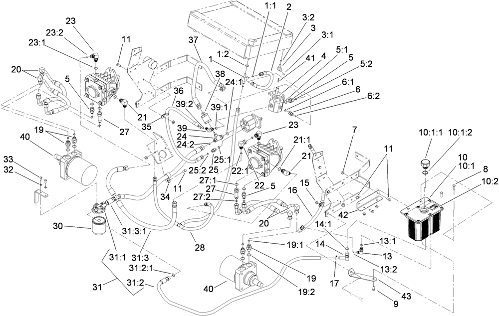 Hydraulic System Assembly Diagram and Parts List for 74269 (311000001-311999999)(2011) Toro Lawn Mower