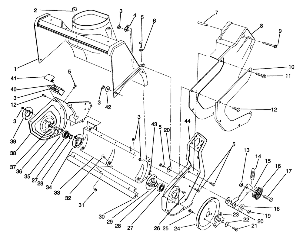 Rotor Housing Assembly Diagram and Parts List for 38195 1000001 - 1999999 Toro Snow Blower