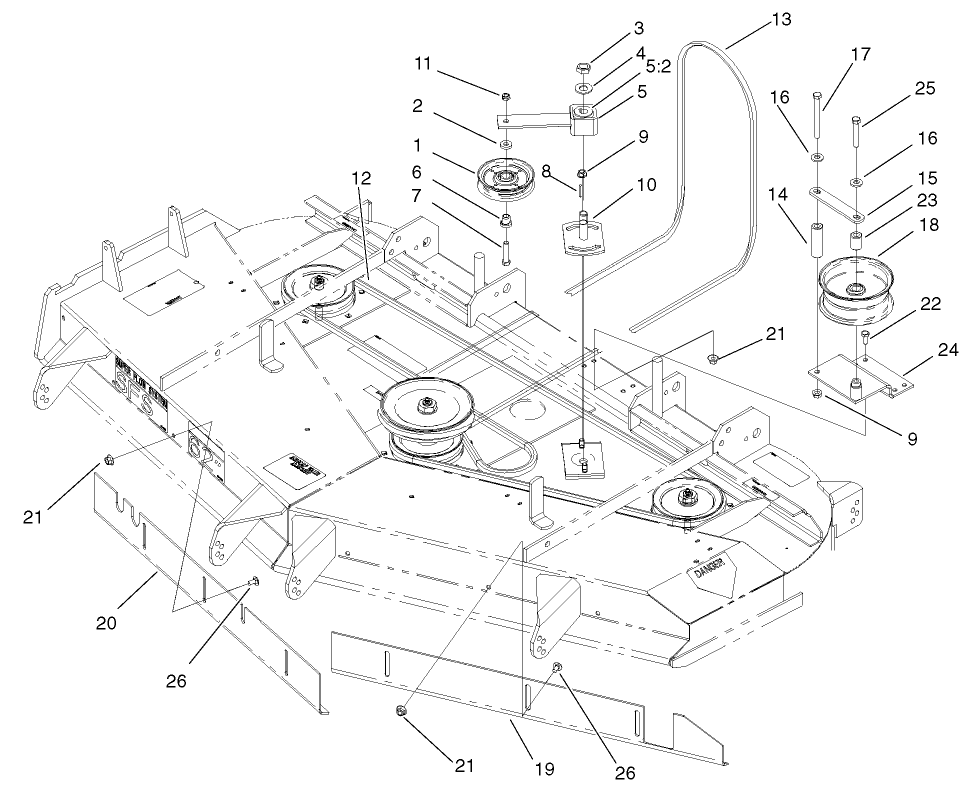 Belts And Idler Arm Assembly Diagram and Parts List for 74213 (210000001-210999999)(2001) Toro Lawn Mower
