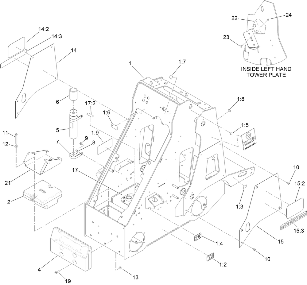 Main Frame Assembly Diagram and Parts List for 22219G 400000000 - 999999999 Toro Lawn Tractor Accessories