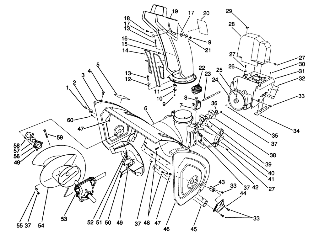 Housing & Chute Assembly Diagram and Parts List for 38574 1000001 - 1999999 Toro Snow Blower