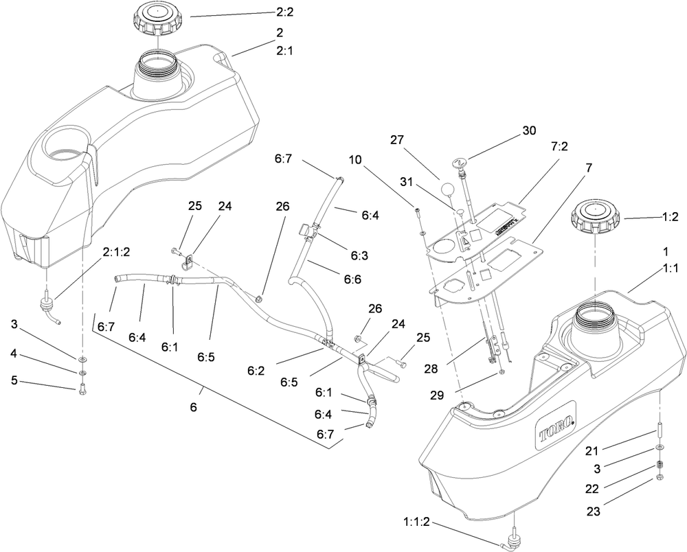 Fuel System Assembly Diagram and Parts List for 74450TE (310000001-310999999)(2010) Toro Lawn Mower