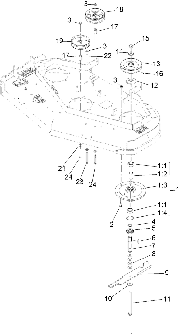 Sheave, Spindle And Blade Assembly Diagram and Parts List for 39638 405700000-410299999 Toro Lawn Mower